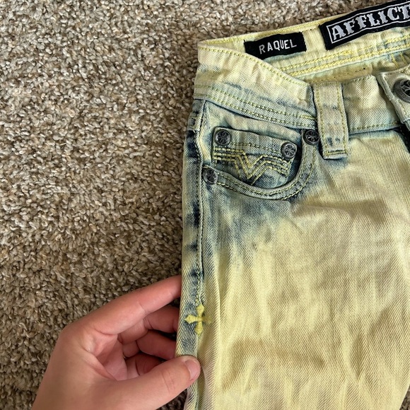Affliction Raquel Jeans Yellow Blue Women's Size 24 Cotton Stretch Grunge Goth - Picture 3 of 13